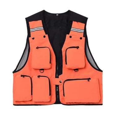 Imagem de Colete De Pesca Tático Sem Mangas Com Zíper E Vários Bolsos De Malha Respirável Masculino, Colete Versátil Para Fotografia Ao Ar Livre Viagem Caminhada Jaqueta, Para Muitas Necessidades(Orange,3X-Larg