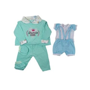 Imagem de Kit Roupinha Bebê Reborn Jardineira + Pijama 5 Peças Verde - Mamãe Reb