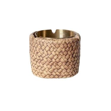 Imagem de Cinzeiro Cinzeiro de imitação de rattan, cinzeiro de cimento, forro de aço inoxidável, para casas, varandas, jardins, escritórios, também como decoração Cinzeiro de Mesa(Gold)