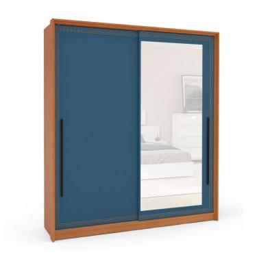 Imagem de Guarda-Roupa Casal com Espelho Valência 2 Portas 2 Gavetas Freijó e Azul