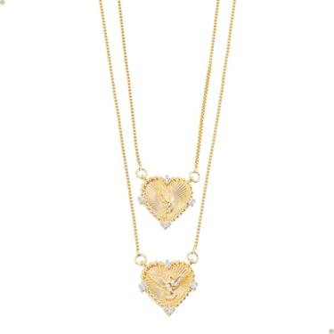 Imagem de Colar Escapulário Feminino Em Forma De Coração Com Imagem Do Divino Espirito Santo E Mão De Fátima Com Pedras De Zircônia E Corrente Veneziana De 70 Cm Banhado À Ouro 18k E Antialérgico