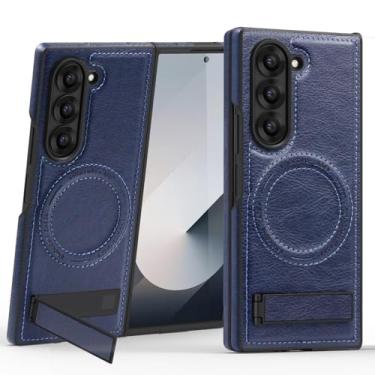 Imagem de MVVKKY Para Samsung Z Fold6 Capa de couro PU com ímãs e suporte magnético para câmera (para Samsung Z Fold6/azul marinho)