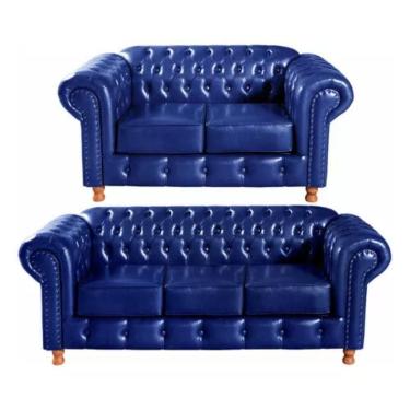 Imagem de Conjunto Sofás 2 E 3 Lugares Chesterfield Luís Xv Vintage Retrô Capitonê Couro Azul