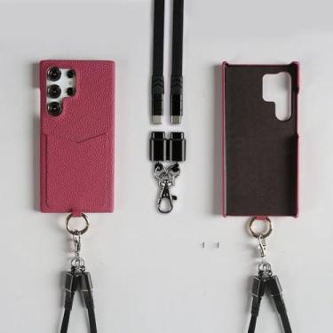 Imagem de Cabo de carregamento Cordão Estojo para Samsung Galaxy S24 Ultra S23 S22 S21FE S20 Note20 Alça transversal Slot para cartão, Alça preta rosa, Para Samsung Galaxy S20
