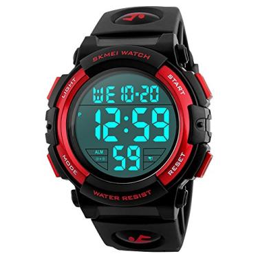 Imagem de SKMEI Relógio esportivo masculino à prova d'água, pulseira digital de silicone, mostrador grande de LED, relógio de pulso militar (vermelho), Tendência