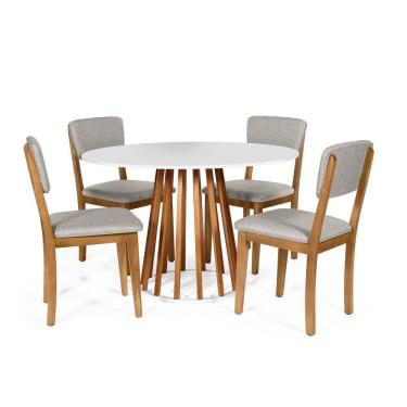 Imagem de Mesa De Jantar Redonda Gabi Nat/bran Com 4 Cadeiras Estofadas Ella Cinza Claro