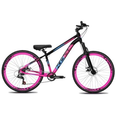 Imagem de Bicicleta Aro 26 KOG Freeride 1x7 – Estilo Grau, Suspensão 29”, Freios a Disco, Aros Vmaxx Neon – Bike Urbana de Alta Performance, Preto Rosa, Adesivo Rosa e Azul,Vmaxx Pink