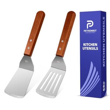 Imagem de Conjunto de espátulas de metal para uso na cozinha, 2 peças de espátulas grandes de aço inoxidável para frigideira de ferro fundido, cabo de madeira, wok, grelha plana, espátula, espátula, flipper