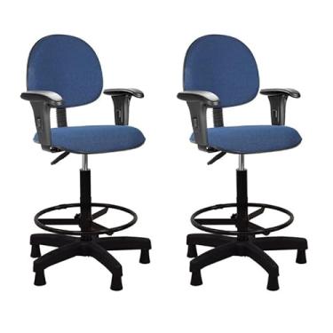 Imagem de Kit 2 Cadeiras Caixa Alta Escritório Azul e Preto Braço Sapata Fixa Aro de Aço Ergonômica Executiva Home Gourmet