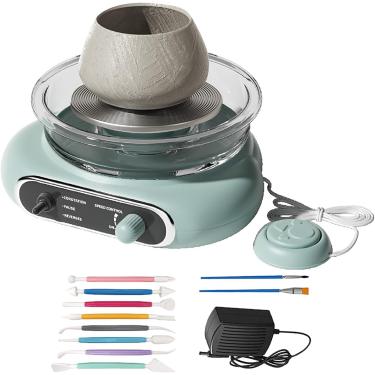 Imagem de Mini roda de cerâmica elétrica com pedal, máquina de cerâmica e kit de cerâmica, bacia removível, estúdio de bricolage, roda de cerâmica para adultos e crianças, verde