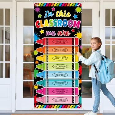 Imagem de Wiooffen Giz de cera colorido, decoração de porta de sala de aula, bem-vindo de volta à escola, faixa de giz de cera, faixa de pendurar inspiradora, placa de varanda para o primeiro dia de aula