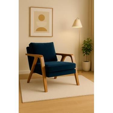 Imagem de Poltrona Estofada Mona Veludo Decorativa Luxo Pés De Madeira Maciça (AZUL)