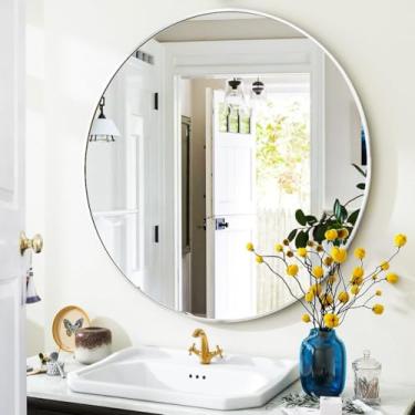 Imagem de VooBang Espelho redondo prateado para banheiro, espelho de parede circular de 61 cm com moldura de metal circular moderna simples para corredor, entrada, sala de estar, moldura prateada