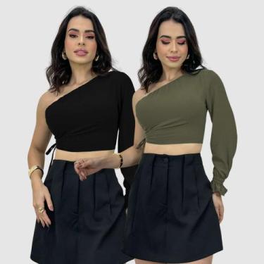 Imagem de Kit 2 Cropped Blusa T-Shirt Mula Manga Longa Crepe Feminino Moda Blogu