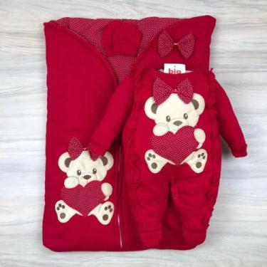 Imagem de Saída maternidade bebê menina com saco de dormir bodado ursa coração m