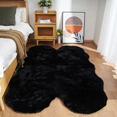 Imagem de Ghouse Tapete macio de pele de carneiro sintética, 10 x 15 cm, preto fofo, tapete de pelúcia, tapete felpudo para berçário, para sala de estar, quarto, sala de jogos, decoração