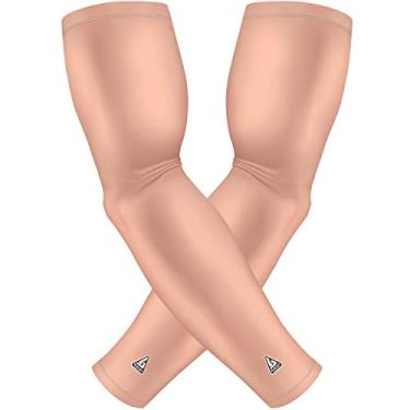Imagem de Mangas de braço para homens, mulheres, meninos, meninas. Selecione "Modelo Pro-Fit" em mais de 40 designs HD. Mangas de braço de qualidade para cobrir os braços para proteção UV, compressão esportiva, fadiga muscular, e mais., Flesh Solid, 4) Adult LG " 1 Pair"