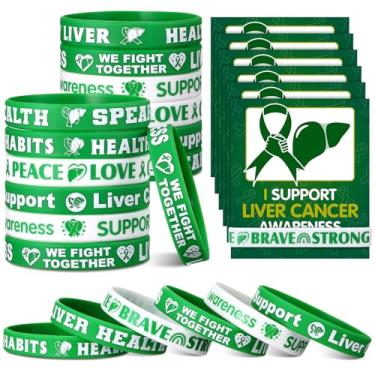 Imagem de VioraWhite 60 peças/30 conjuntos de pulseiras de silicone para conscientização do câncer de fígado com cartões, incluindo 30 pulseiras de fita verde, 30 cartões de conscientização sobre câncer de