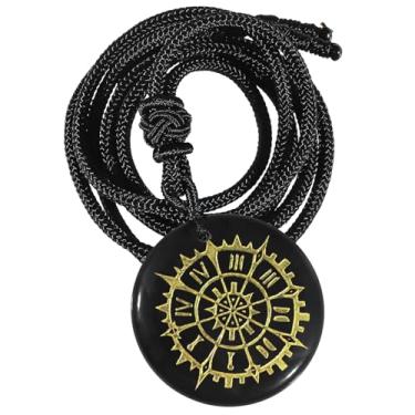 Imagem de Nupuyai Colar com pingente de cristal obsidiana preto gravado ajustável para mulheres e homens, pingente de pedra de cura redondo polido amuleto para proteção, Cristal obsidiana preto, cristal