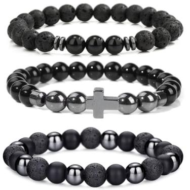 Imagem de Crgwxzl Pulseira masculina com contas cruzadas, 8 mm, conjunto de pulseiras de pedra natural, olho de tigre e pedra vulcânica para homens, preto, proteção obsidia, pulseiras de cristal para homens