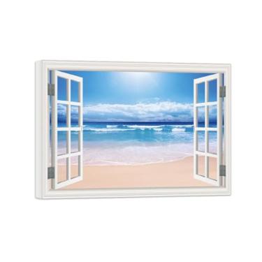 Imagem de Quadro de Parede Janela Falsa-Paisagens Impressões em Tela-Nuvens Praia-Natureza Pinturas Decoração 50x70cm-19x27in Tela Embrulhada