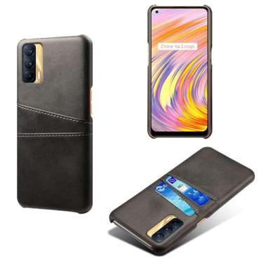 Imagem de Capas Compatível com OPPO Realme V15 5G,tampa protetora de couro falso,design de saco de cartão com 2 fendas de cartão atrás,proteção anti-impressão digital e anti-gota-Black