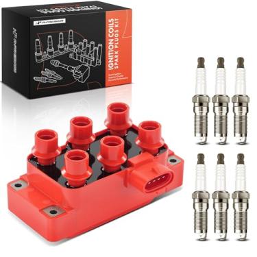 Imagem de A-Premium (Vermelho) 1 pacote de bobina de ignição e 6 velas de ignição de irídio compatíveis com Ford Explorer 2006-2010, Mustang 2005-2010, Ranger 2001-2011, Explorer Sport Trac & Mazda B4000 e