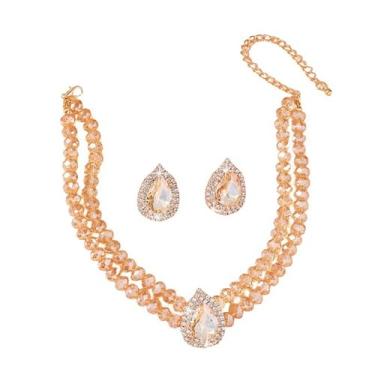 Imagem de Dtja Conjunto de colar e brinco de gargantilha de cristal em forma de gota com 2 peças, joia de declaração para mulheres, brincos de zircônia cúbica para fantasia de baile de casamento, 38 cm, 5 cores