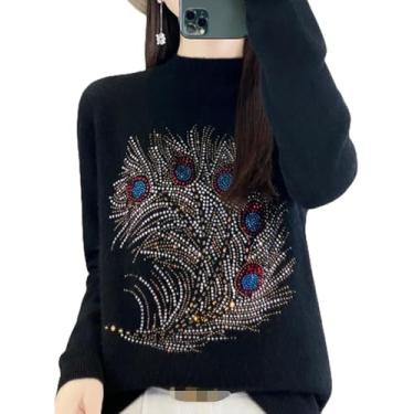 Imagem de 2024 Novo Suéter De Lã Com Strass De Penas Senhoras Outono Inverno Suéter De Caxemira Quente Manga Comprida Em Torno Do Pescoço Suéter De Malha Lazer Curto De Malha Para Ao Ar Livr, Black, XXL