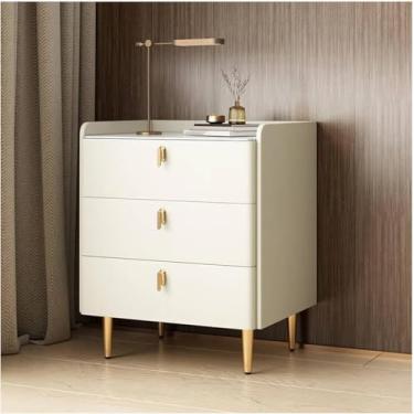 Imagem de Mesa De Cabeceira De Couro Falso Moderna De Meados Do Século Com Padrão De Mármore Mesa Lateral De Pedra Sinterizada Armário De Quarto De Madeira Com 3 Gavetas, Beige