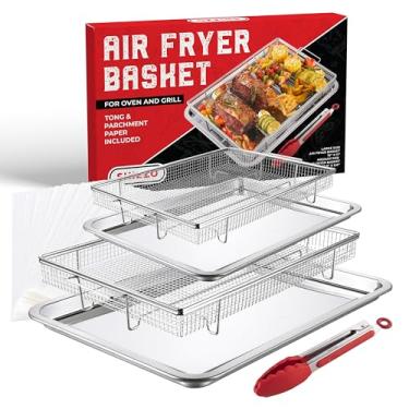 Imagem de Cesta de fritadeira a ar para forno (conjunto de 2) – Conjunto de bandeja e frigideira de aço inoxidável com 50 papéis de pergaminho e pinças de alimentos – Cesta de fritadeira a ar de forno e bandeja