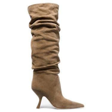 Imagem de Erocalli Botas de cano alto femininas salto gatinho cano alto bico fino zíper lateral despojado moda inverno 2025, 1 cinza-acastanhado, 36