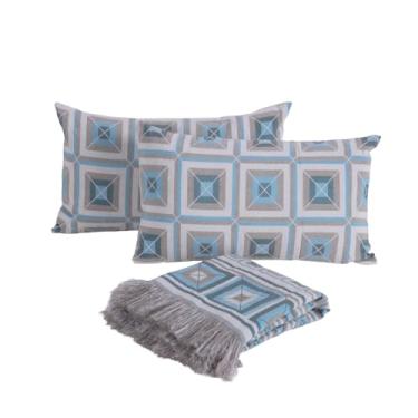 Imagem de Kit 5 Peças Xale Manta Jacquard para Sofá Poltrona com Almofadas Dupla Face e Refil 60% Algodão Azul