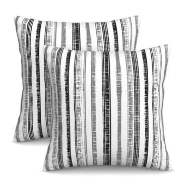 Imagem de KiuLoam Boho, preto, branco, cinza, listrado, 40,6 x 40,6 cm, conjunto de 2 fronhas decorativas para ambientes externos, capas de almofada de fazenda para sofá-cama, decoração de casa