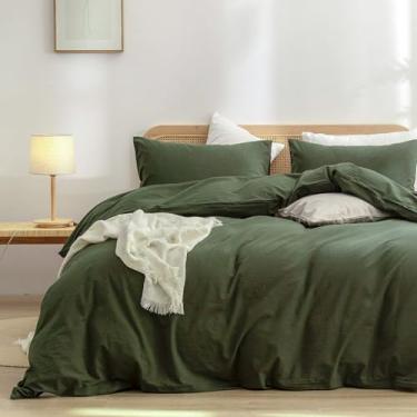 Imagem de BESTOUCH Conjunto de capa de edredom 100% algodão lavado e linho, super macio, confortável, chique, leve, 3 peças, conjunto de cama de casa sólido verde-oliva grande casal