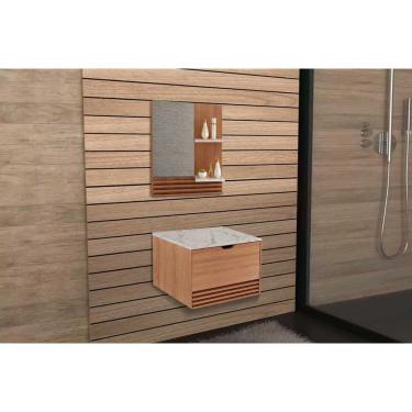 Imagem de Conjunto de Banheiro Balcão Suspenso BN3613 s/ Cuba 60cm e Armário c/ Espelho BN3614 Amendoa/Marmore Branco - Tecno Mobili