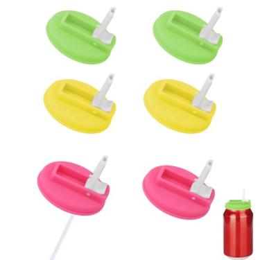 Imagem de 6 Tampas Lata Refrigerante, Tampas Silicone Reutilizáveis para Latas de Refrigerante com Palhinhas de Silicone para Bebidas Enlatadas Padrão Sumos e Cerveja (Rosa Vermelha, Amarela, Verde)