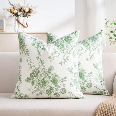 Imagem de Wosendy Capas de almofada 50,8 x 50,8 cm veludo floral verde sálvia vintage flores decoração capas de almofada folhas ao ar livre fazenda planta almofada decorativa para sofá-cama conjunto de 2