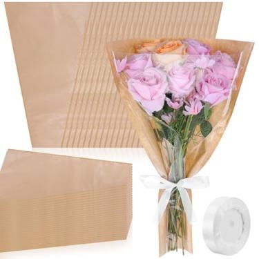 Imagem de Molain Pacote com 50 papéis de embrulho de flores, sacos de flores para buquê, mangas florais kraft com fitas, suprimentos de embrulho florista para formatura de aniversário de casamento (57 x 36 cm)