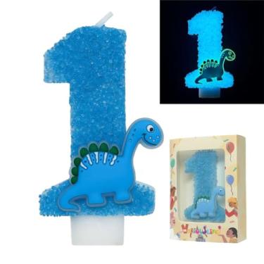Imagem de Vela de aniversário número 1 de dinossauro que brilha no escuro – Vela de bolo grande com glitter azul de 8 cm para meninos, festa de dinossauro de primeiro aniversário