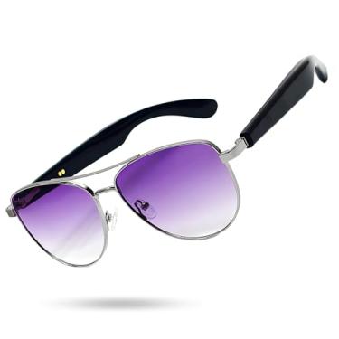 Imagem de Óculos de sol inteligentes para homens/mulheres, Bluetooth 5.4, UV400 com microfone embutido e alto-falantes abertos, leves, controle de voz (armação prata + lente roxa)