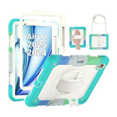 Imagem de SEYMAC Capa infantil para iPad Air de 11 polegadas M3 2025/M2 2024 (Air 7ª/6ª geração), capa protetora resistente à prova de choque com protetor de tela, suporte giratório e alça de mão/ombro, azul