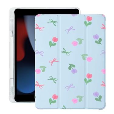 Imagem de BlHMCASE Lindo laço floral Kawaii para iPad mini 7 A17 Pro 2024/iPad Mini 6 com suporte para lápis, hibernar/despertar automático, capa traseira de TPU macio de couro azul