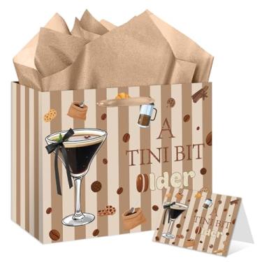 Imagem de Bolsa de presente de despedida de solteira Martini - Conjunto grande de presente de festa mais antiga A Tini Bit com papel de embrulho e cartão - Tema de Martini Espresso para aniversário de despedida