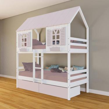 Imagem de Beliche Casinha Bela com 2 Gavetas Rosa - Madeira Maciça Branco/Rosa | Housin