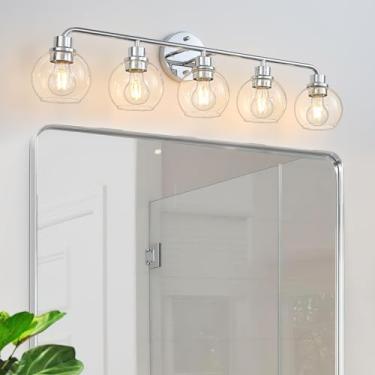 Imagem de Luminária de banheiro cromada prata 5 luzes modernas arandelas de parede luzes de banheiro com globo cortinas de vidro luzes de parede de banho para espelho cozinha sala de estar corredor 87,5 cm