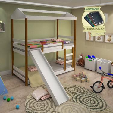 Imagem de Beliche Infantil Solteiro Manuela com Escorregador Branco e néctar das flores - Acompanha Lousa Magica