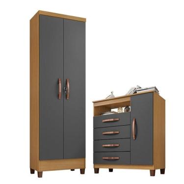 Imagem de Cômoda Sapateira Cannes E Armário Multiuso Egito Carvalho Americano Grafite - Incorplac