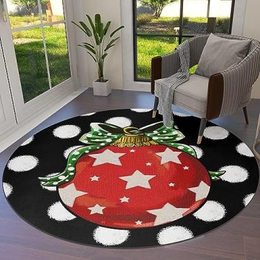 Imagem de Tapete redondo de Natal 1,2 m vermelho bola de Natal tapetes laváveis tapete de área interna tapete à prova de manchas tapetes antiderrapantes para sala de estar, jantar, cozinha, quarto, berçário