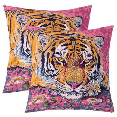 Imagem de jejeloiu Conjunto de 2 capas de almofada boêmias tigre rosa damasco animal selvagem reversível 61 x 61 cm para meninos e meninas Boho Wildlife fronhas para sofá-cama, estampa de gato safári